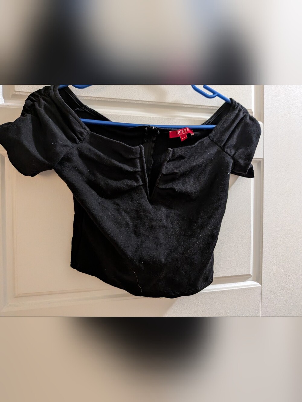 GUESS Black Off-Shoulder Puff Sleeve Crop Top